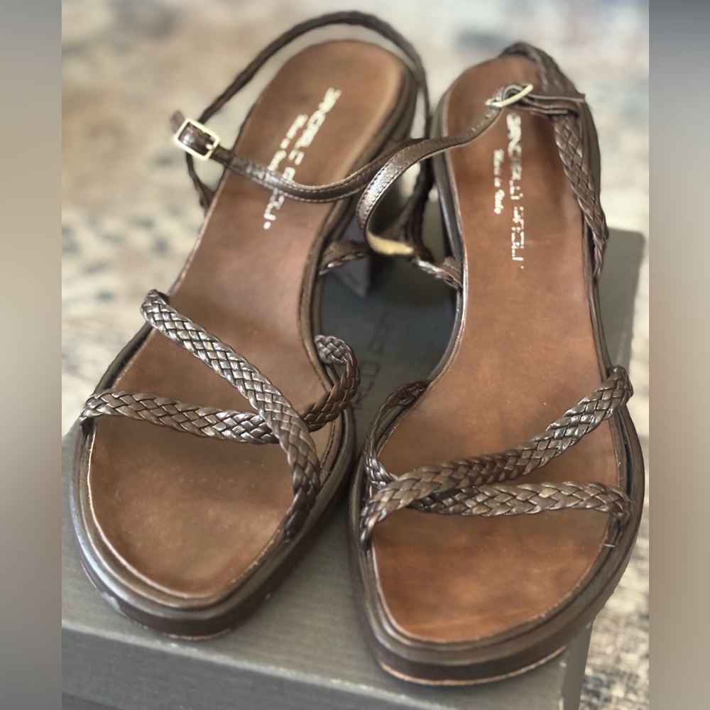Giancarlo Brown Leather Braided Sandals Block Heel Size 40 Made in Italy